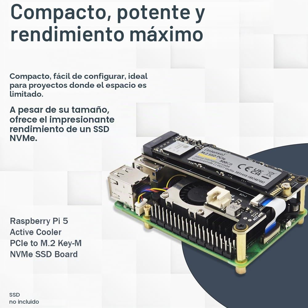 Raspberry Pi 5 16 GB PCIe M.2 NVMe – Kit | Carcasa de metal | Active Cooler | M.2 NVMe SSD PCIe Board | Fuente de alimentación USB-C de 45 W | Tarjeta SD de 64 GB | Cable Micro HDMI 4K | Ideal para