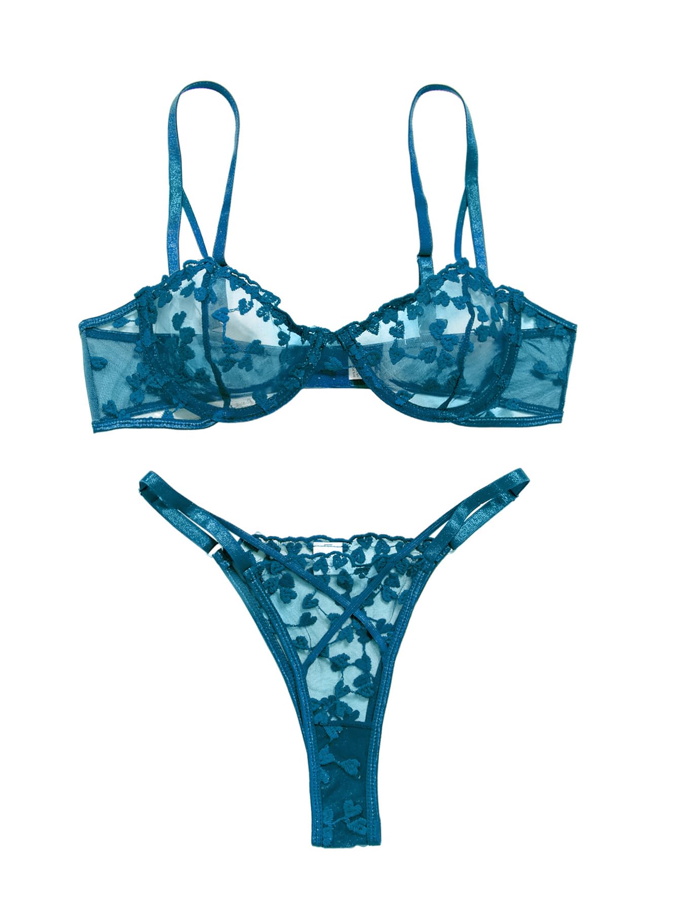 Lilosy Sexy Underwire Cute Push Up Strappy Embroidered Mesh Sheer Lingerie Set See Through Panty Bra: Bowless Medium Turquoise