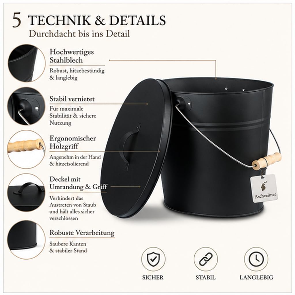 REWU Cubo de cenizas con tapa, 15 L, metal para chimenea y barbacoa | Cubo de metal estable de 15 L con tapa para cenizas completamente enfriadas, chimenea, carbón, briquetas y leña