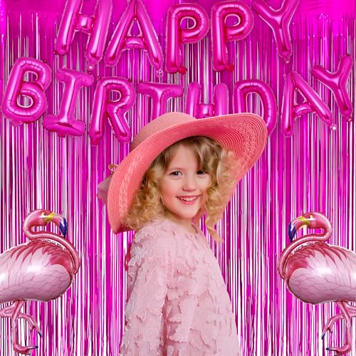 Image of Hot Pink Party Streamers Backdrop - GREATRIL Shiny Fuchsia Tinsel Foil Fringe Curtain for Birthday /Flamingo /Fancy /Galentine /Breast Cancer Awareness Decorations - 3.2ft X 8.2ft - 2 Packs