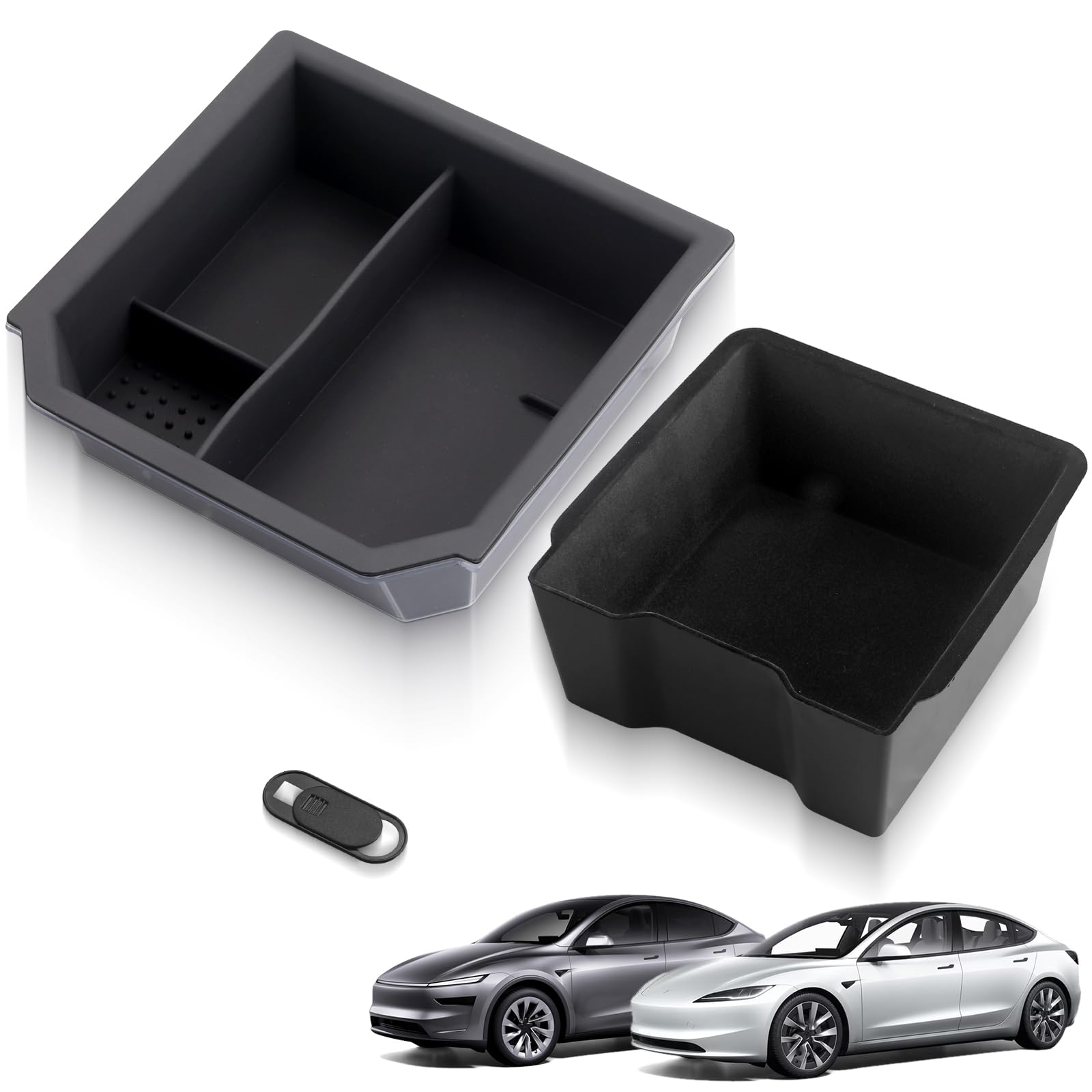 EYPINS Silikonowa taca organizera konsoli do Tesla Model 3 Highland 2024 2025 i Tesla Model Y Juniper 2025 2026, z osłoną prywatności, przesuwna konstrukcja, dostosowana do akcesoriów Tesla