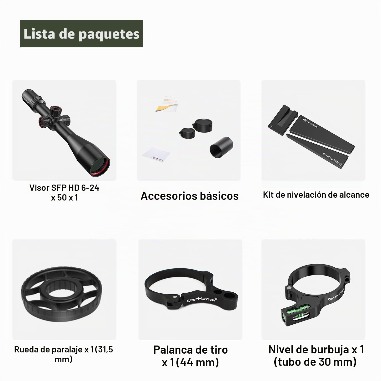WestHunter Optics HD SFP Mira Telescópica, Tubo 30 mm, táctica de precisión, 1/10 MIL- Indicada Únicamente para Actividades Deportivas