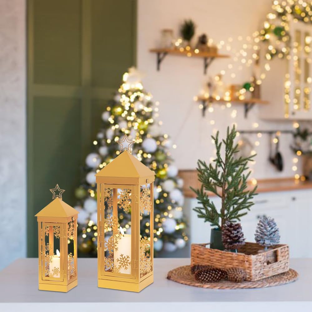 NEEDOMO Weihnachtsdekoration für Zuhause, dekorative Weihnachtslaterne, Innen- und Außenbereich, Metall-Kerzenhalter zum Aufhängen, mit Weihnachts-Schneeflocken, Sternen und LED-Kerze für