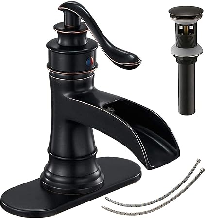 Bathfinesse Waterfall Bathroom Faucet Commercial Single Handle Bath Lavatory Sink Vanity Faucets One Hole Basin Tap Oil Rubbed Bronze Matching Pop Up Drain with Overflow