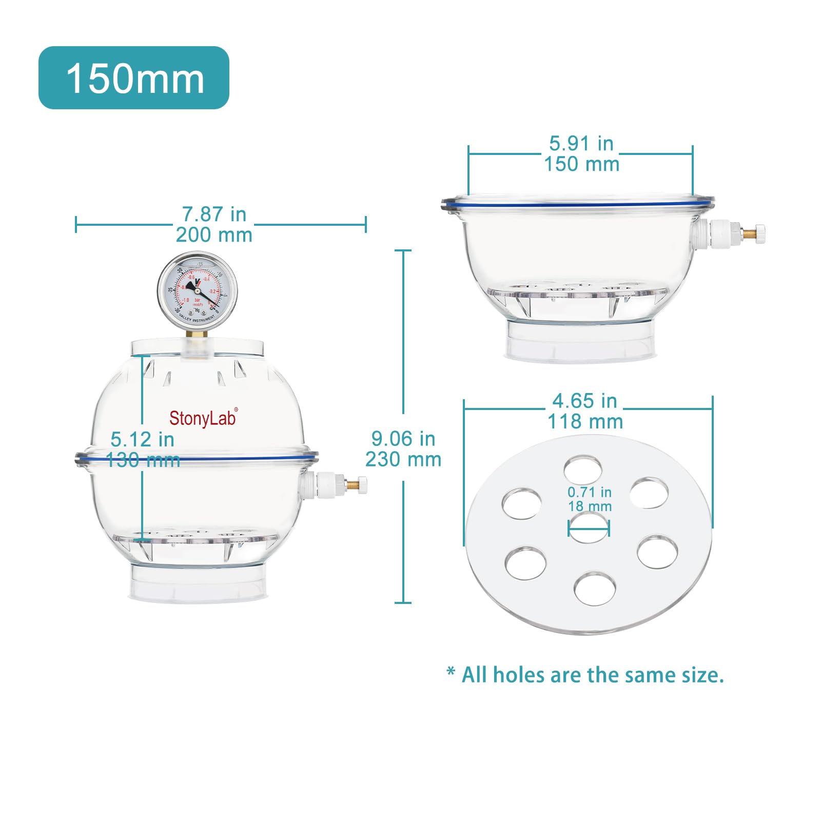 stonylab Essiccatore Sottovuoto in PC, Materiale Rinforzato, Guarnizione in Silicone Affidabile, Sistema a Valvola Singola, Manometro Incluso, Diametro 150 mm, Ideale per Laboratorio