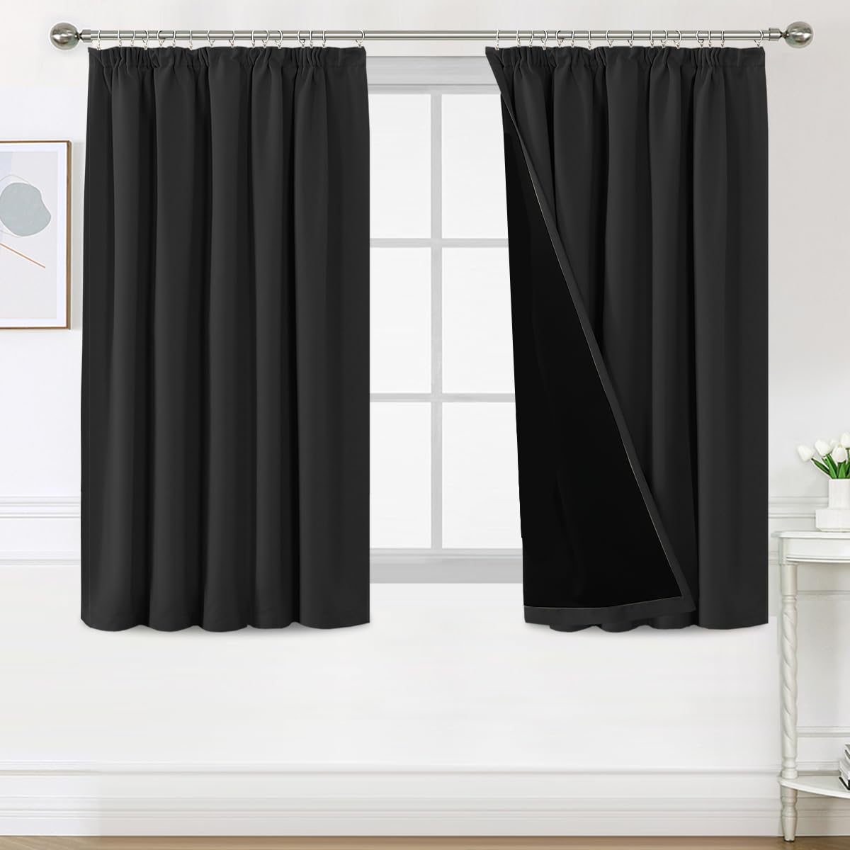 H.Versailtex 100% Blackout Curtains for Bedroom, Pencil Pleat Black Out Living Room Curtains Super Soft Thermal Insulated Curtain Pair Panel with Tiebacks, W66x L54 Inch, 2 Panels, Black