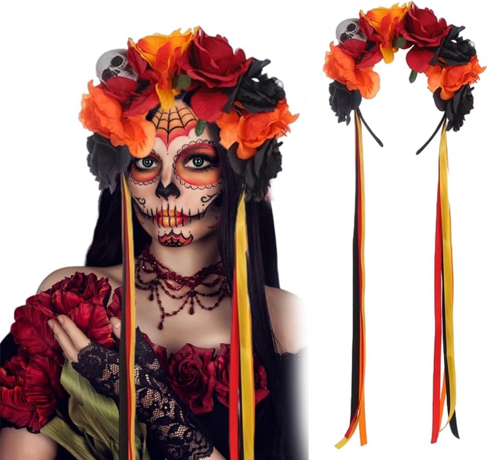 Floral Day of the Dead Headband Mexican Skull Rose Flower Crown Headpiece for Women Girls Halloween Costume (Orange Black Red)