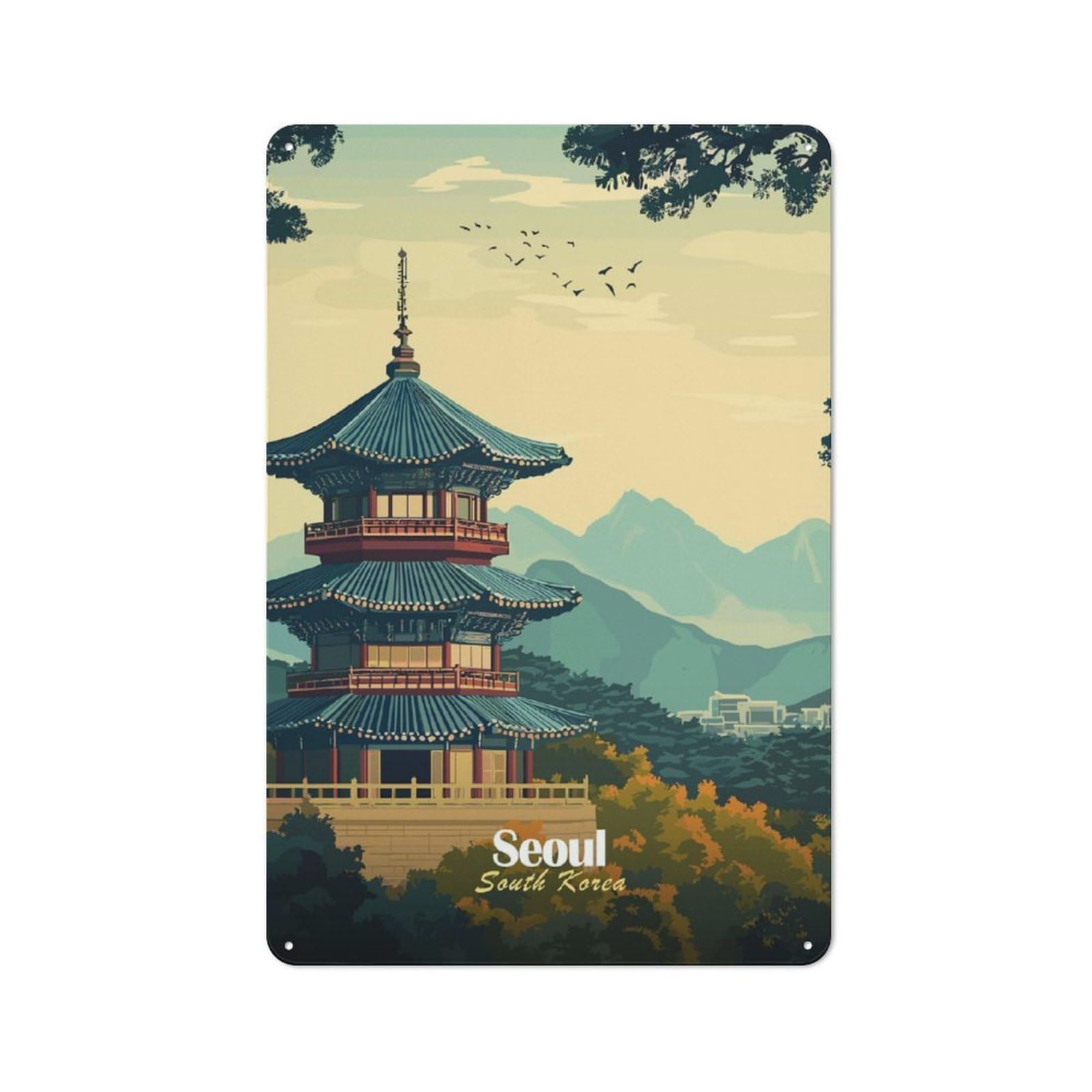 Junmoney Seoul Pagoda Landscape Retro Tin Sign 30X20cm For Dining Room Or Kitchen, Suited To Kitchen Wall Decor Lovers
