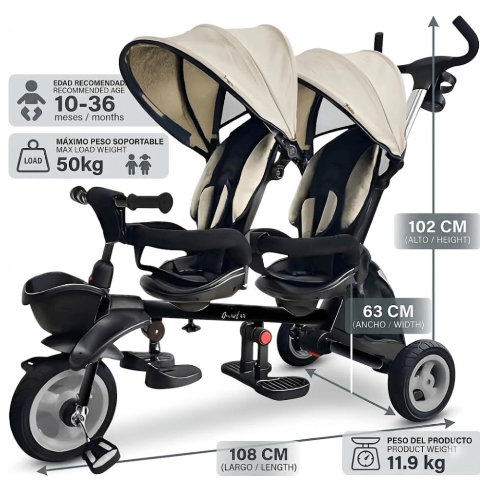 QPlay Triciclo Evolutivo Bebé para Dos | Triciclo para Gemelos o Mellizos, para Bebes Desde 10 Meses hasta los 36 Meses, Paseos en Familia