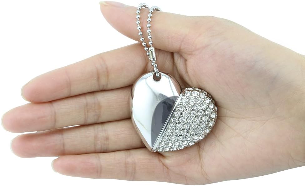 CHUYI Creative and Novelty Heart Shape Diamond Bling Shiny Crystal Pendant 64GB USB 2.0 Flash Drive Pen Drive Memory Stick U Disk Storage Thumb Drive with Necklace (Silver)
