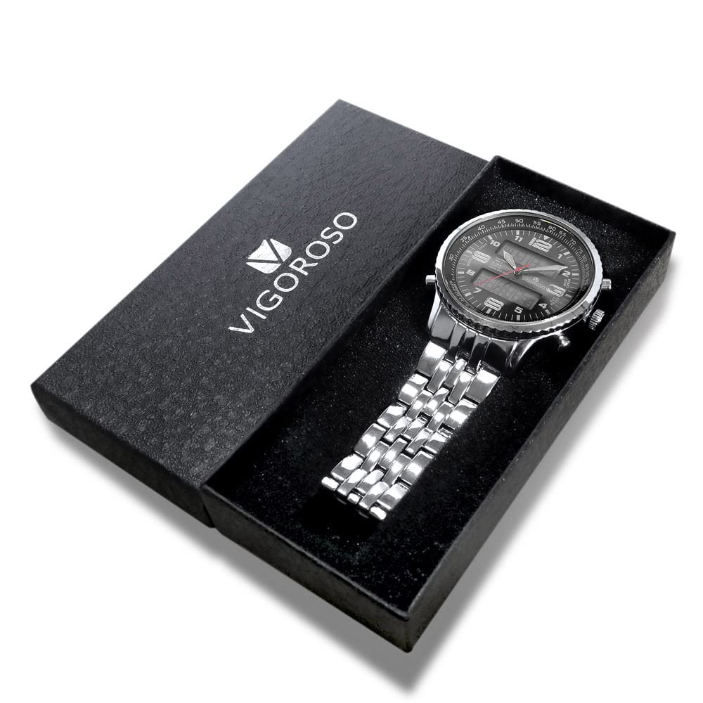 VIGOROSO Orologio da uomo analogico digitale a LED, con data, settimana, sportivo, in acciaio nero, da uomo