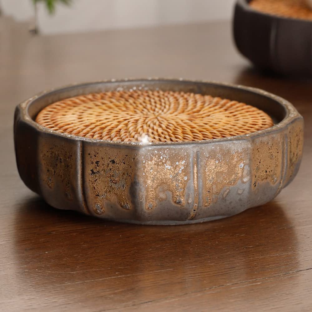 Bandeja de té Simple for el hogar, Bandeja for Servir té, tapete de Mesa Hecho a Mano Tejido de Mimbre de gres de 14cm, Juego de té de Kung Fu, Bandeja de té for Ceremonia del té