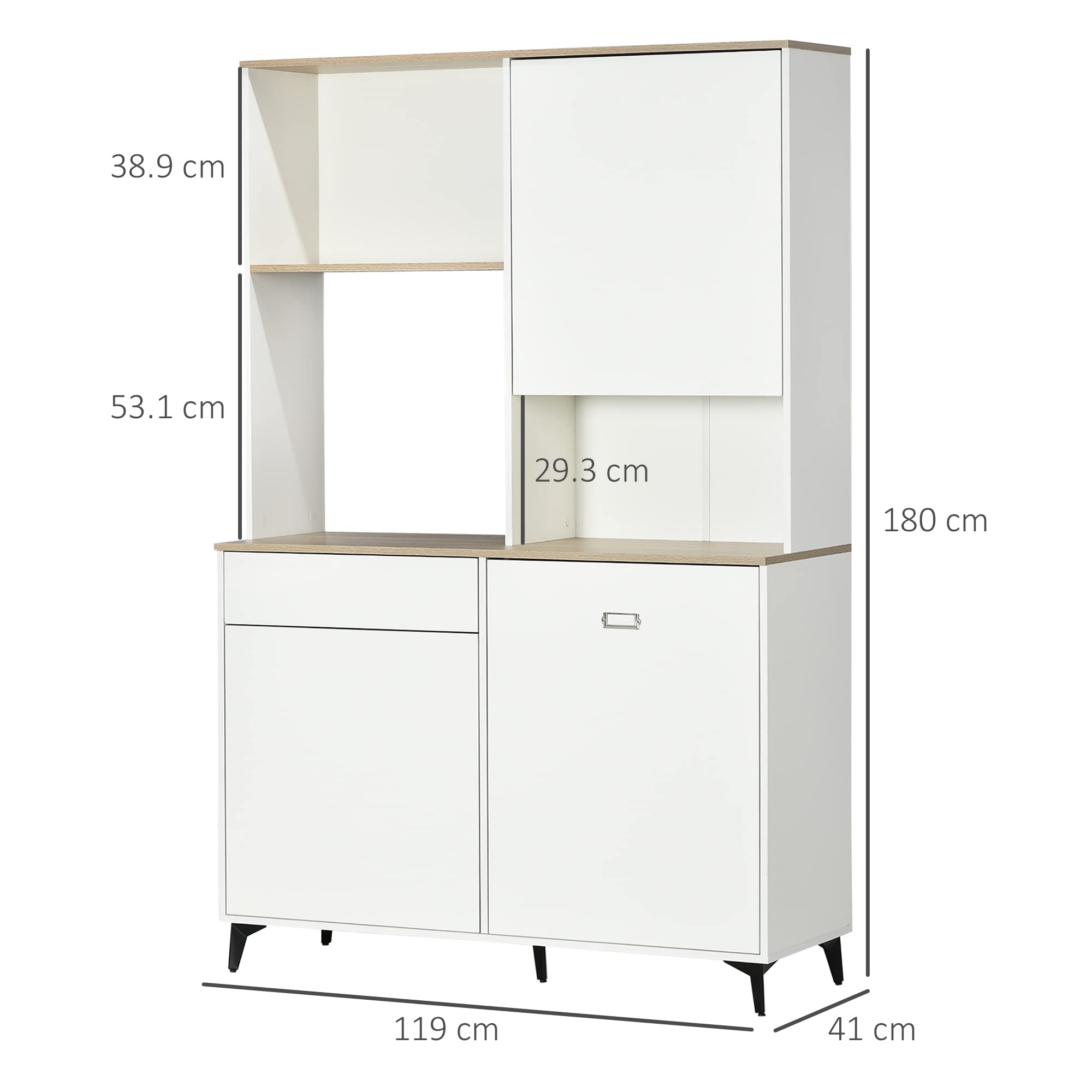 HOMCOM Dispensa Cucina in Truciolato e MDF con Ripiani Aperti, Armadietti e Cassetto per Utensili ed Elettrodomestici, 119x41x180 cm, Bianco