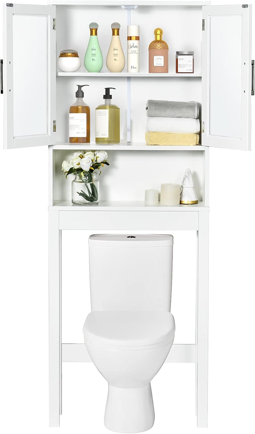 WATERJOY Over The Toilet Storage Cabinet, Bathroom Cabinet Organizer with 2 Moru Tempered Glass Door, Space-Saving Toilet Shelf, White