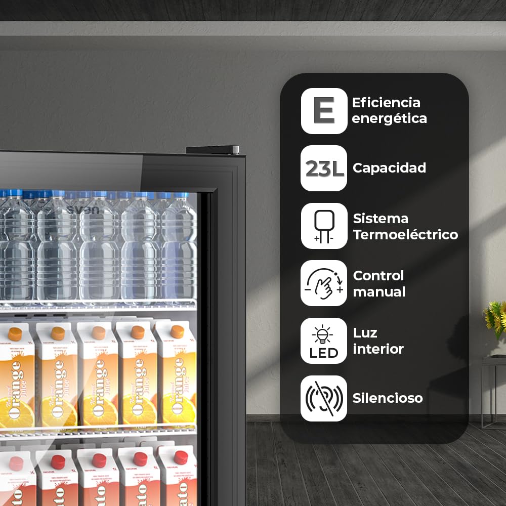Svan Frigorífico Mini Refrigerador Horeca Negro SRH5400P. Capacidad 23 L, Puerta Reversible, Bajo Nivel Sonoro, Eficiencia Energética Clase E