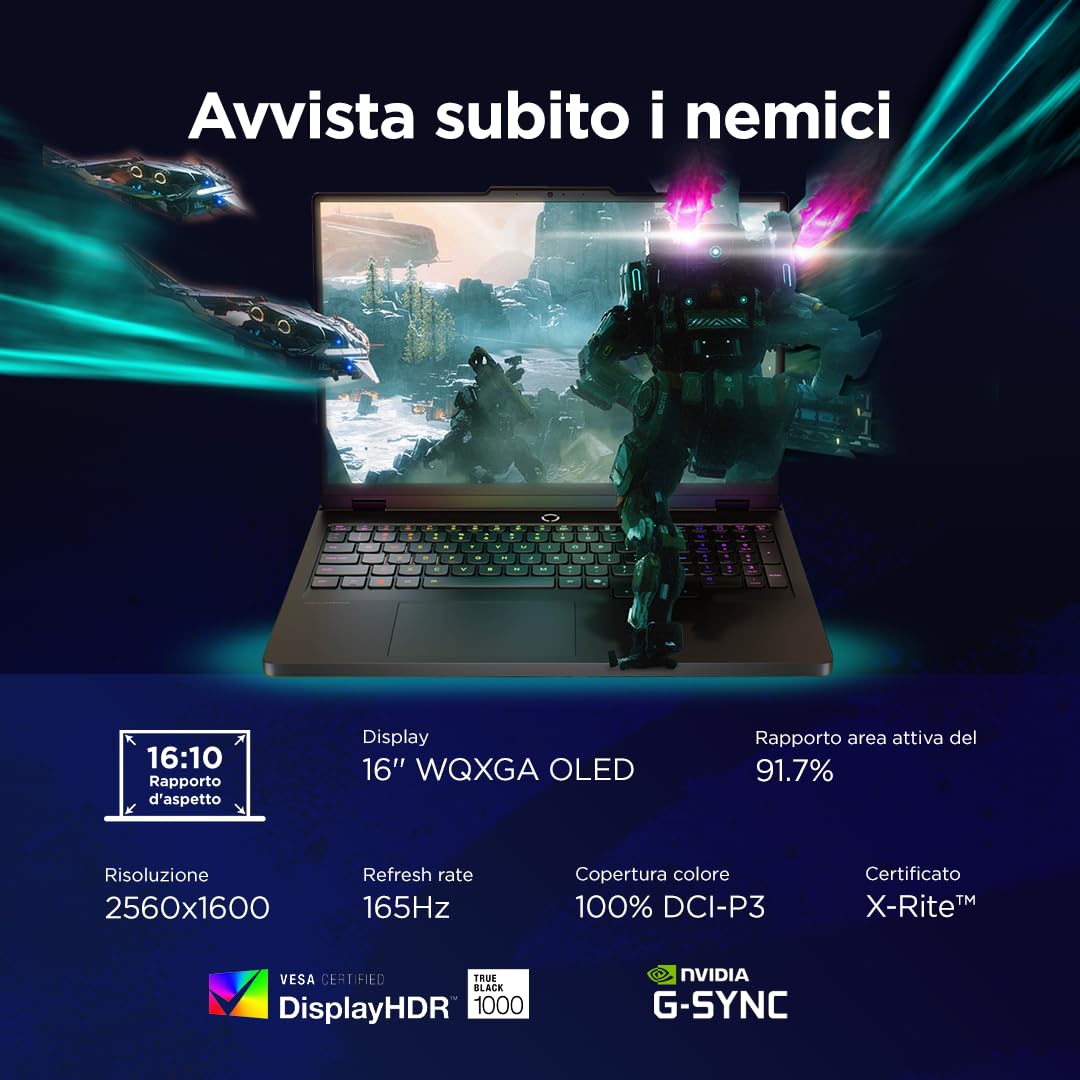 Lenovo Legion 5 Gaming Laptop - Display OLED WQXGA 16" 165Hz, NVIDIA GeForce RTX™ 5070 8GB, Intel Core Ultra 9 275HX, RAM 32GB, SSD 1TB, Windows 11 Home, Tastiera RGB italiana - Eclipse Black