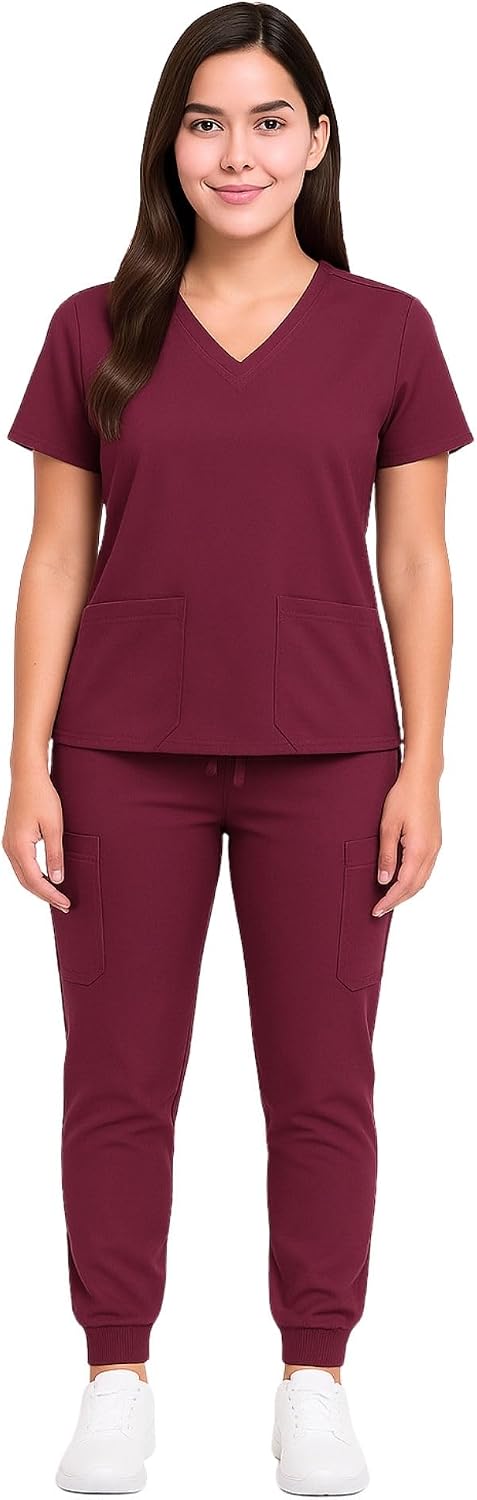 M&M SCRUBS Women’s Essential Jogger Set – Stretch V-Neck Scrub Top & 6-Pocket Pant, Lightweight Nursing Uniform