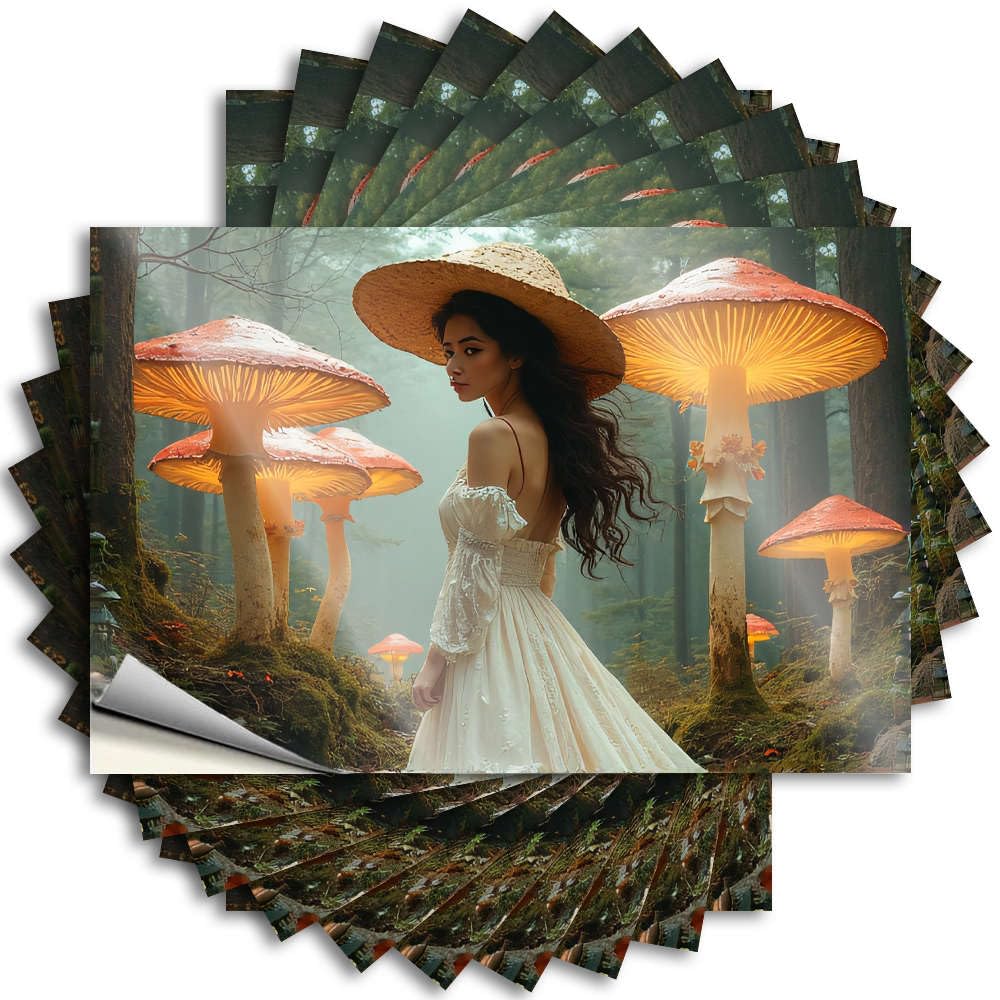 A Woman in A White Dress Stands Amidst Glowing Mushrooms in A Mystical Forest. Sticker Tiki Decorations | Crazy Bottle Removable Decal Pack(8X12CM)