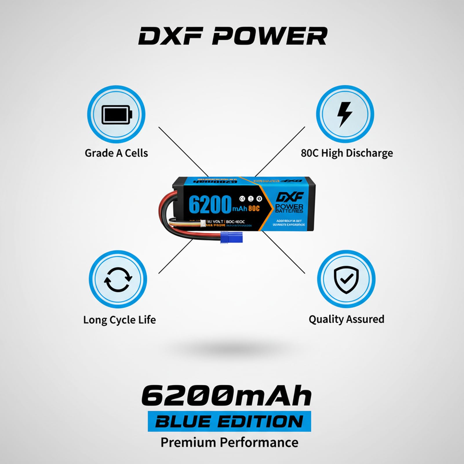 DXF Batería LiPo 3S 11.1V 6200mAh 80C Conector EC5 para Coches RC 1/8 1/10, Paquete Recargable Alta Descarga, Buggy Truggy Monster Truck, Segura Duradera Competición Hobby Radiocontrol Potencia