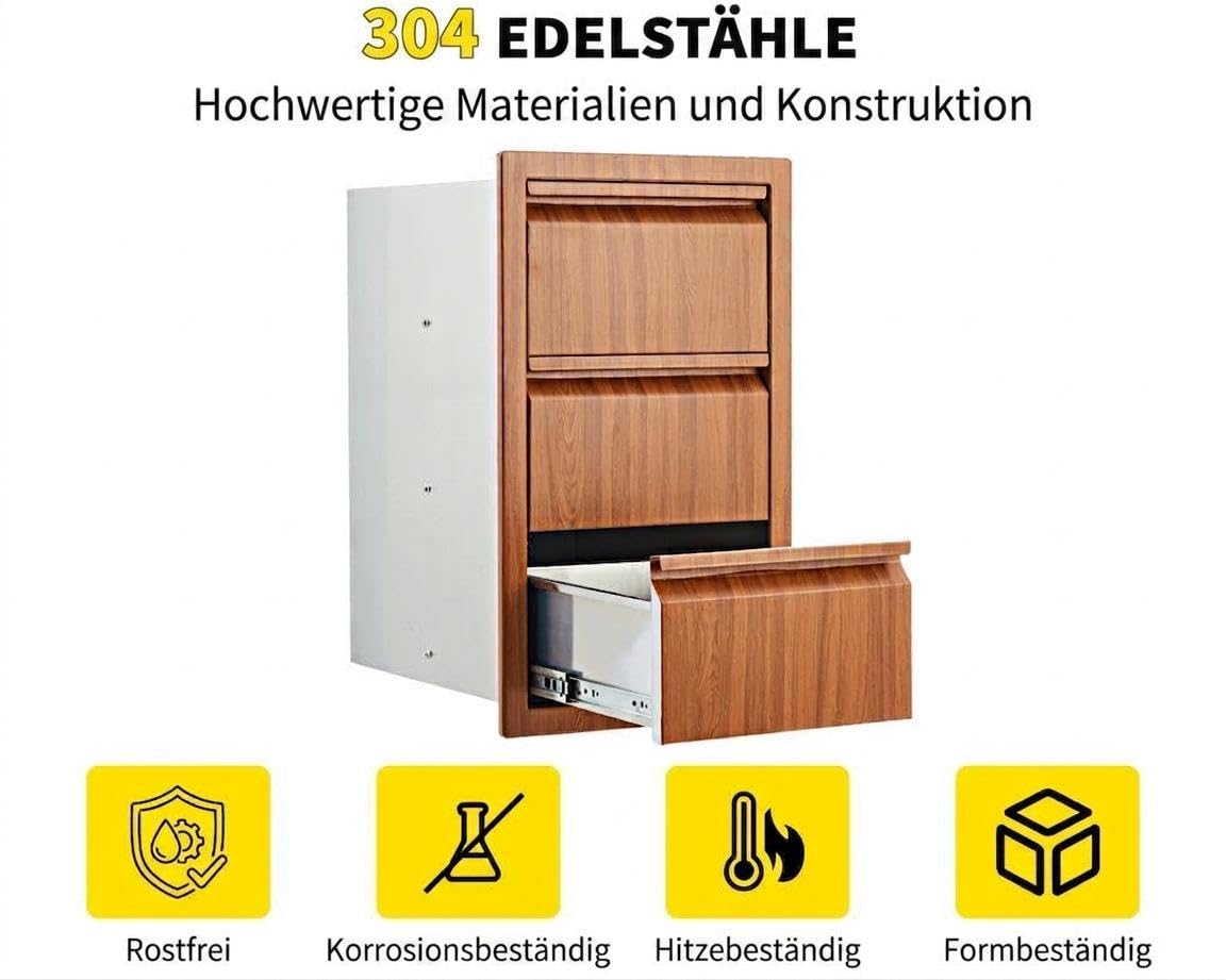 3 Schubladen Outdoor Küchenschrank aus Edelstahl – Schubladenschrank für Grillstation, Kücheninsel, Terrasse und Garten, Aufbewahrungsschrank für Außenküche, Balkon und Camping