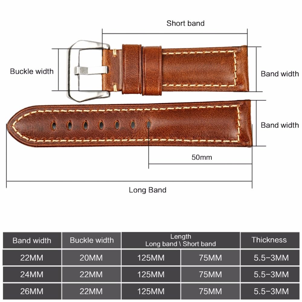 Bracelet Montre Bracelet de Montre en Cuir Marron Vintage huilé et ciré 20 mm 22 mm 24 mm 26 mm Accessoires de Montre Bracelets De Montres(Black S,26mm)