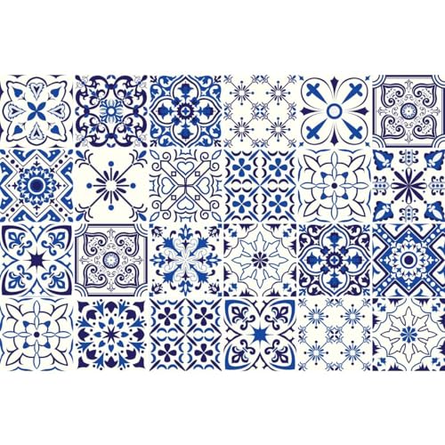Image of Moroccan Tile Stickers | Self-Adhesive Peel and Stick Waterproof Wall Stickers | Kitchen Backsplash, Bathroom Floor, Furniture, Home Decor | Roll (60cm x 200cm) (Blue Floral -1)