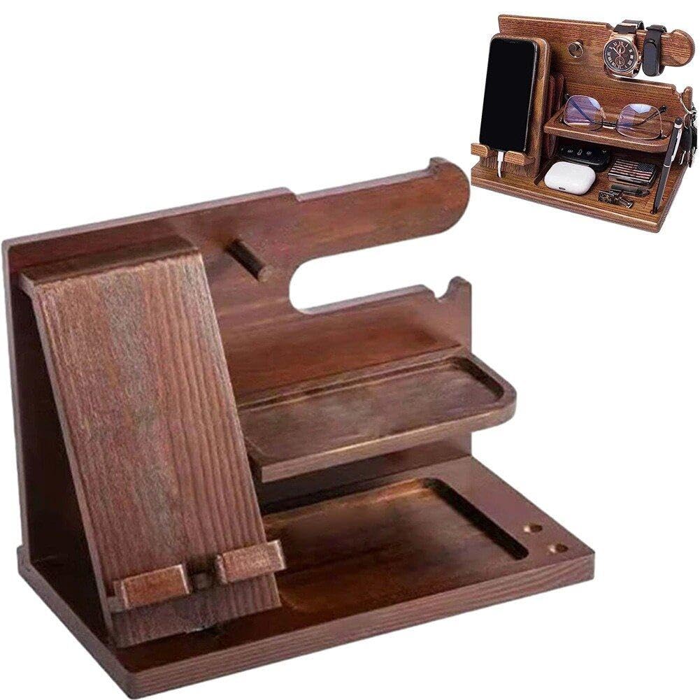 Organisateur de papeterie de bureau en bois avec station de charge pour smartphone