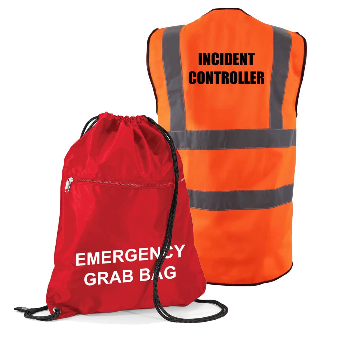Workplace Emergency Incident Evacuation Kit - Printed Red Documents & Equipment Drawstring Emergency Grab Bag with Hi Visibility Printed Incident Controller Vest