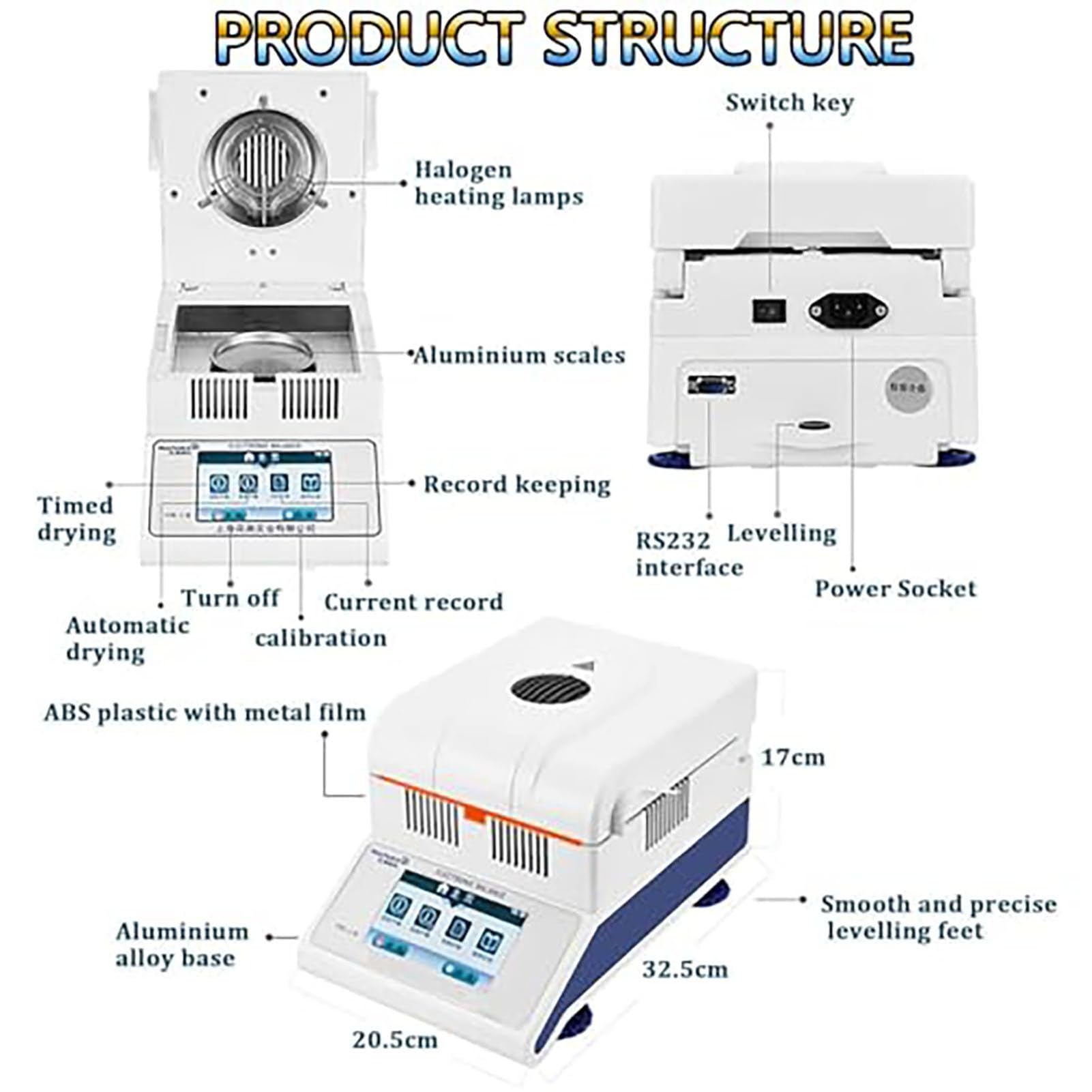 Medidor Electrónico de Humedad, Analizador Digital Humedad con Calefacción Halógena, Analizador de Humedad Halógeno para Pruebas de Humedad en Polvo, Hierbas, té