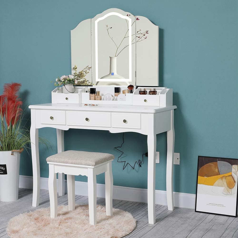 Iwell Large Vanity Table Set with 3-Folding Lighted Mirror, 5 Drawers, Makeup Vanity Dressing Table with Cushioned Vanity Stool, White, for Wife, Girl, Mother