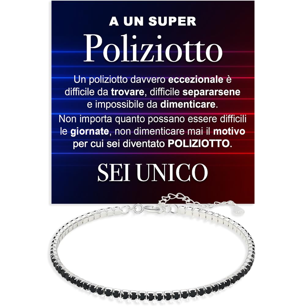 Bracciale Poliziotto Tennis Uomo con Pietre di Zirconia Cubica Idea regalo Compleanno per lui Finitura in Oro Bianco Argento 925 Natale polizia - Cofanetto con DEDICA incluso