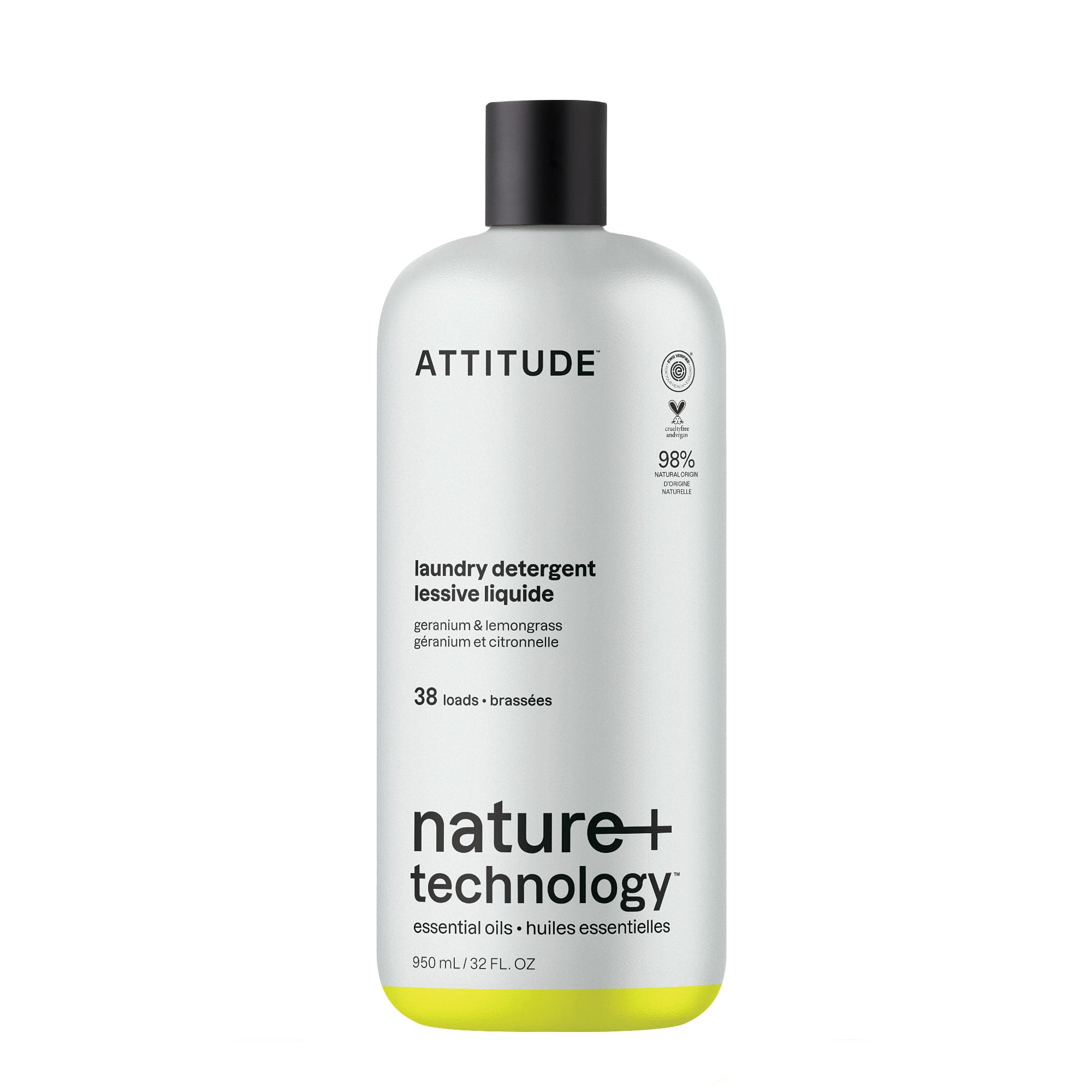 ATTITUDE Laundry Detergent Liquid, Plant-Based Ingredients, EWG Verified, High Efficiency, with Essential Oils, White & Colored Clothing, Geranium & Lemongrass, 38 Loads, 950 mL