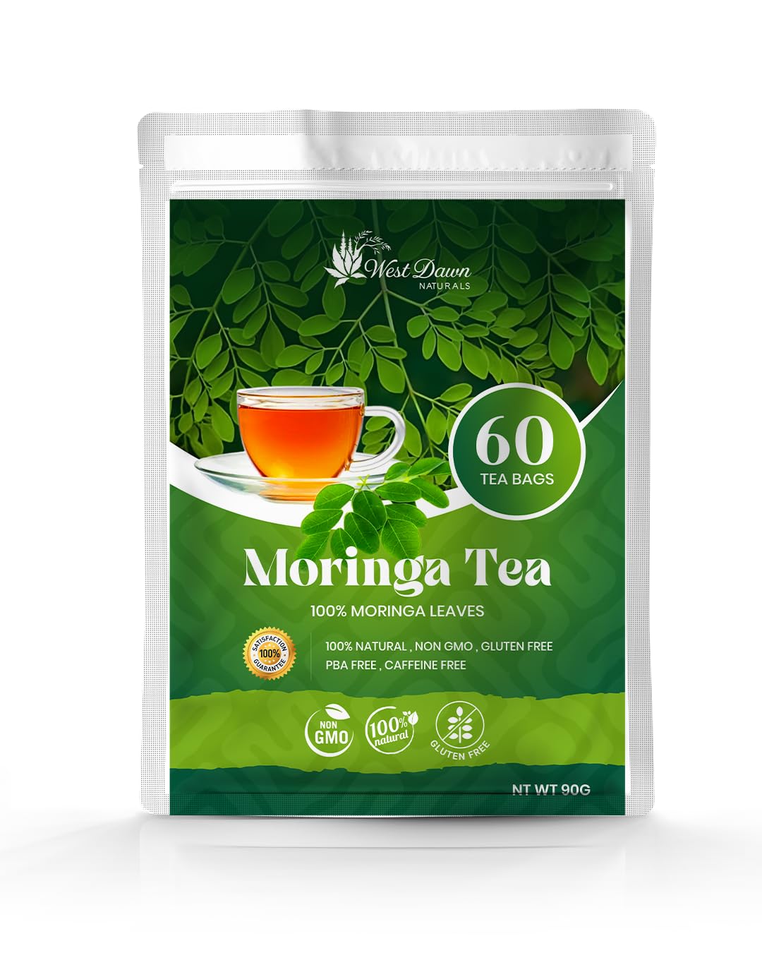 Premium Moringa Tea, 100% Natural Leaves, 60 Tea Bags, Caffeine Free, Gluten Free by West Dawn Naturals