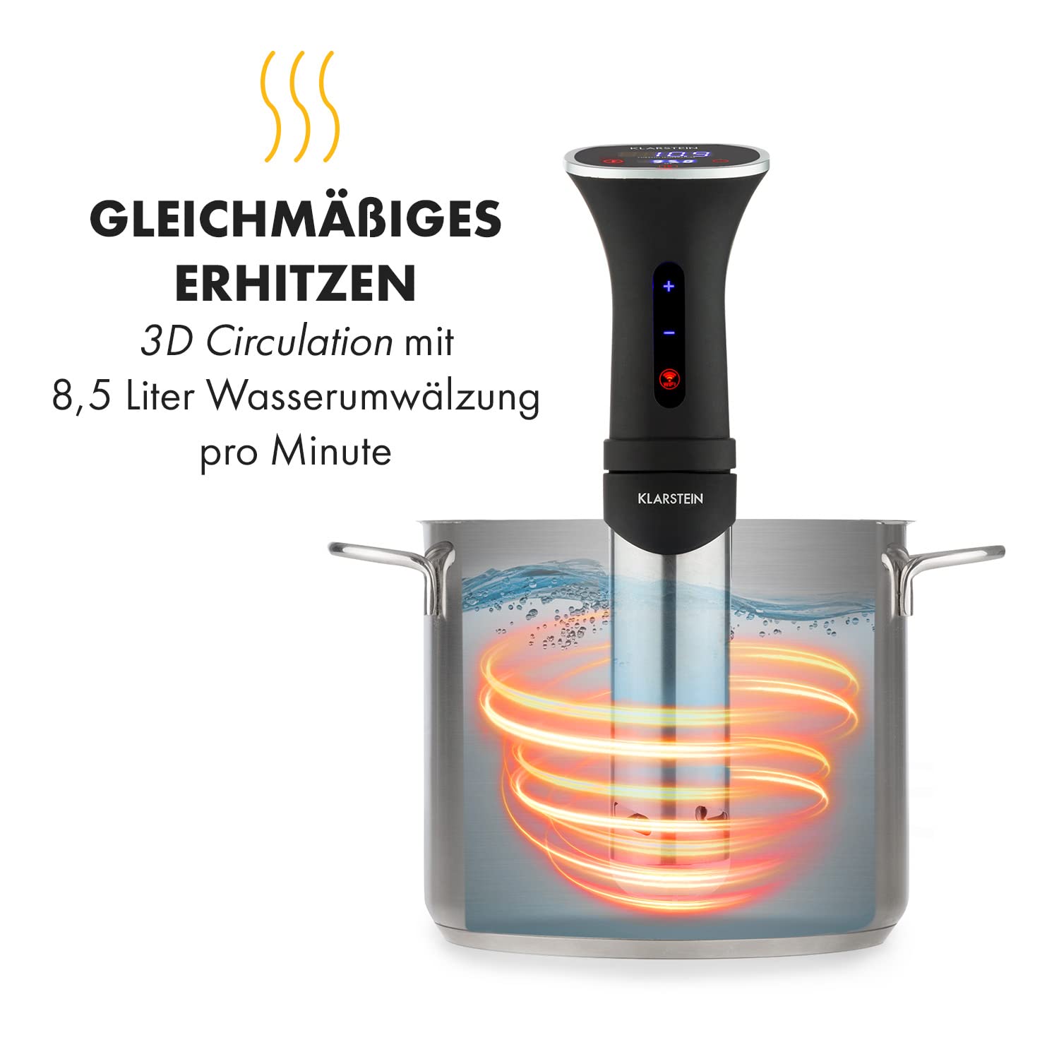 Klarstein Sous Vide Garer, Effizienter Sous Vide Stick, Sous-Vide-Garer, Sous Vide Garer Stick, 1200 W, 20-95°C, Timer, App-Steuerung, Touch-Display, 3D Circulation, 10-15 Liter, Edelstahl, Schwarz