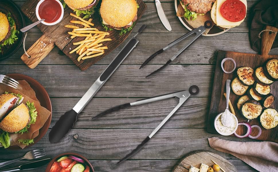 Miniatura 8 de Pinzas de cocina para cocinar, pinzas de silicona con bloqueo, pinzas de buffet, pinzas de acero inoxidable para servir, pinzas de 7, 9 y 12