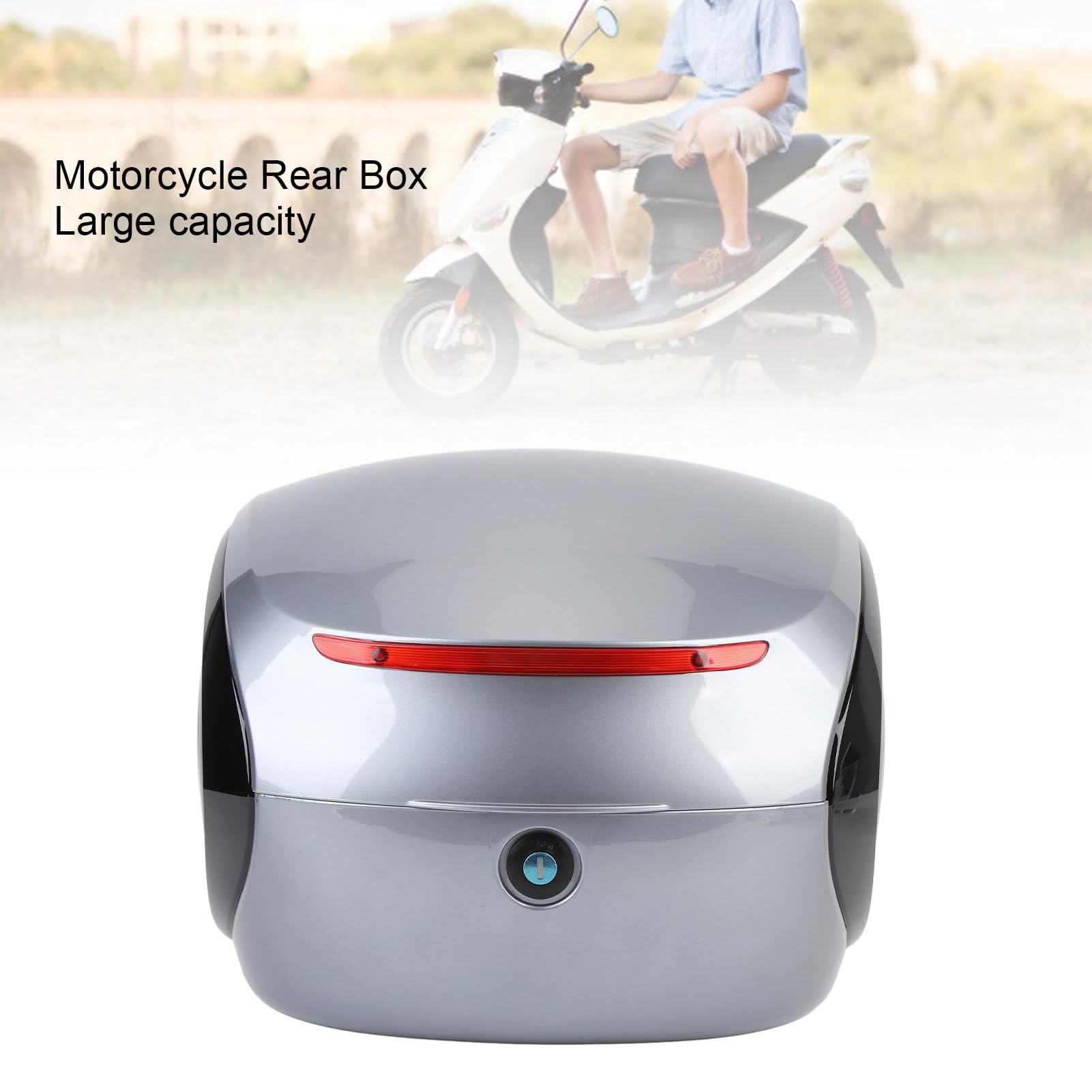 Bauletto superiore per moto da 32 litri, bauletto posteriore in ABS resistente all’acqua e alla polvere, baule portatile dallo stile sportivo con schienale e strisce riflettenti (Grigio)