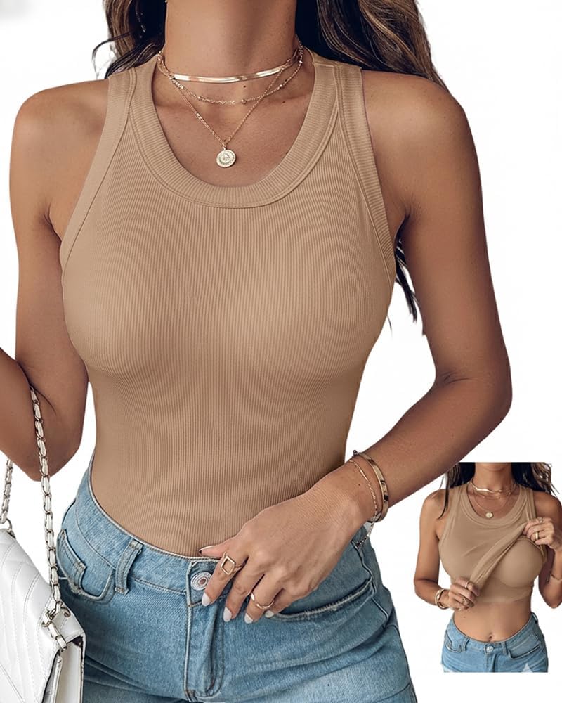 Women Tops Tank Tops with Built-in Bra for Women Sleeveless Racerback Shirts Casual Ribbed Fitted Tops