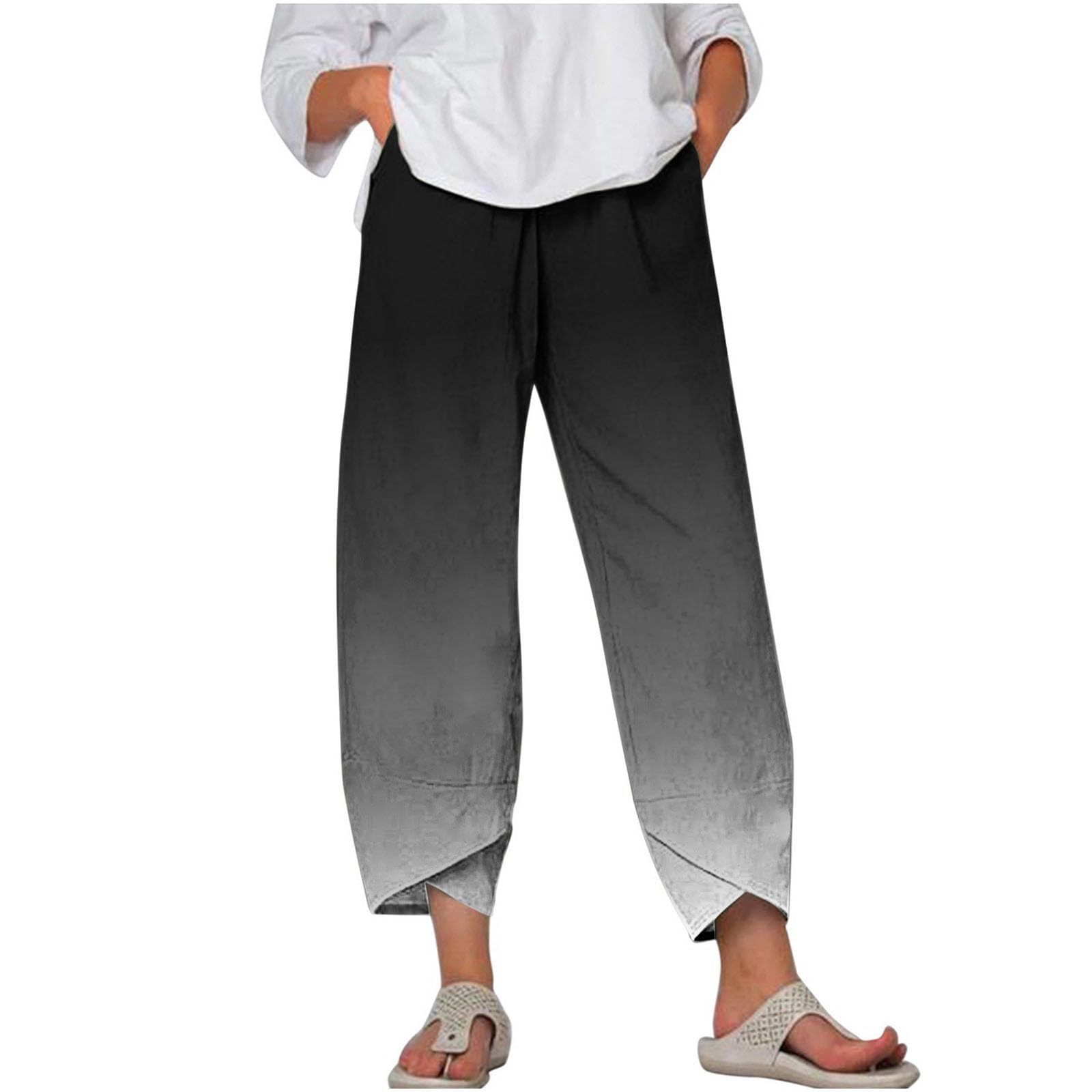 7/8 Hosen Damen Sommer Musselin Leinen Damen Hose Leinen Baumwolle Farbverlaufsdruck Sommerhose Casual Leichte Bequeme Luftige Freizeithose Strandhose Mit Taschen Stretch High Waist mit Kordelzug