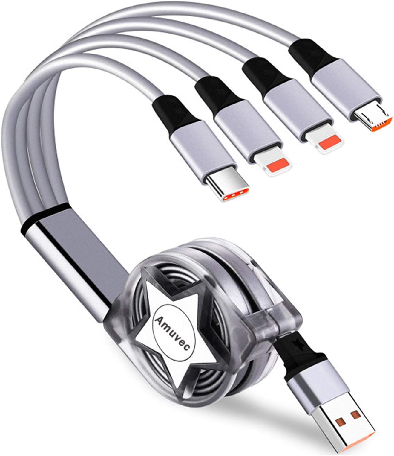 Amuvec Multi 4 in 1 Retractable Charging Cable, 1M 3A Fast Phone Charger Cables with 2*iP Type C Micro USB Connector, for Phone, Samsung Android, Huawei, Moto, Xiaomi, Sony, Nokia, Oppo, PS5