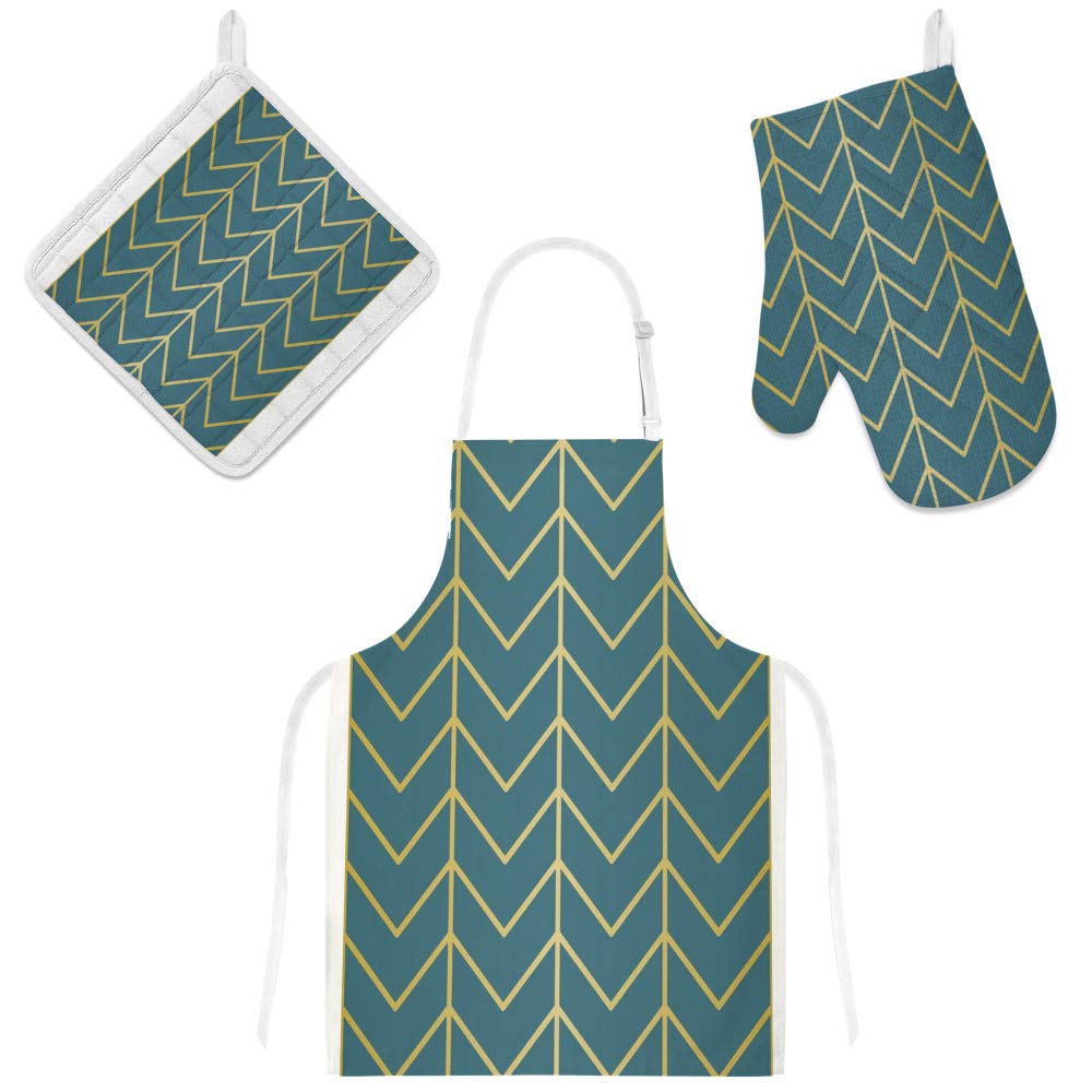 Tablier de cuisine avec poches et gants imperméables motif géométrique