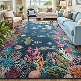 HOMORE Ocean Rugs 5x7 Washable Rug for Kids Room Non Slip Coastal Rug for Living Room Bedroom Nautical Coral Rugs with Fish Sea Turtles Jellyfish Seahorse Beach Carpet for Nursery Dorm, Dark Blue