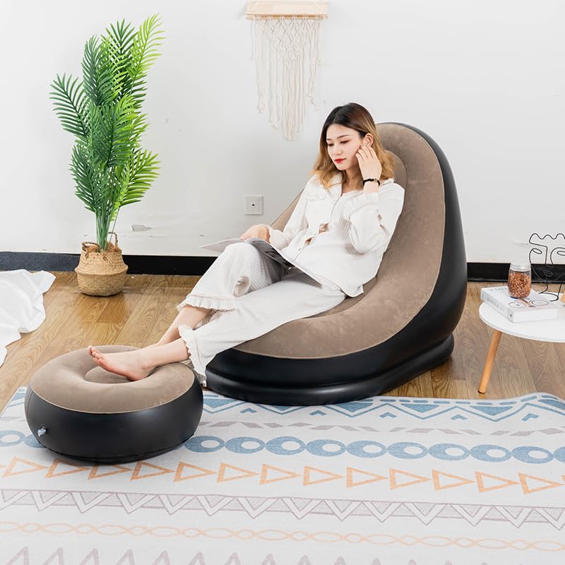 Image of Inflatable Air Sofa Chair with Ottoman Set, Comfortable Lounge Seat, Beige and Black, Indoor Use