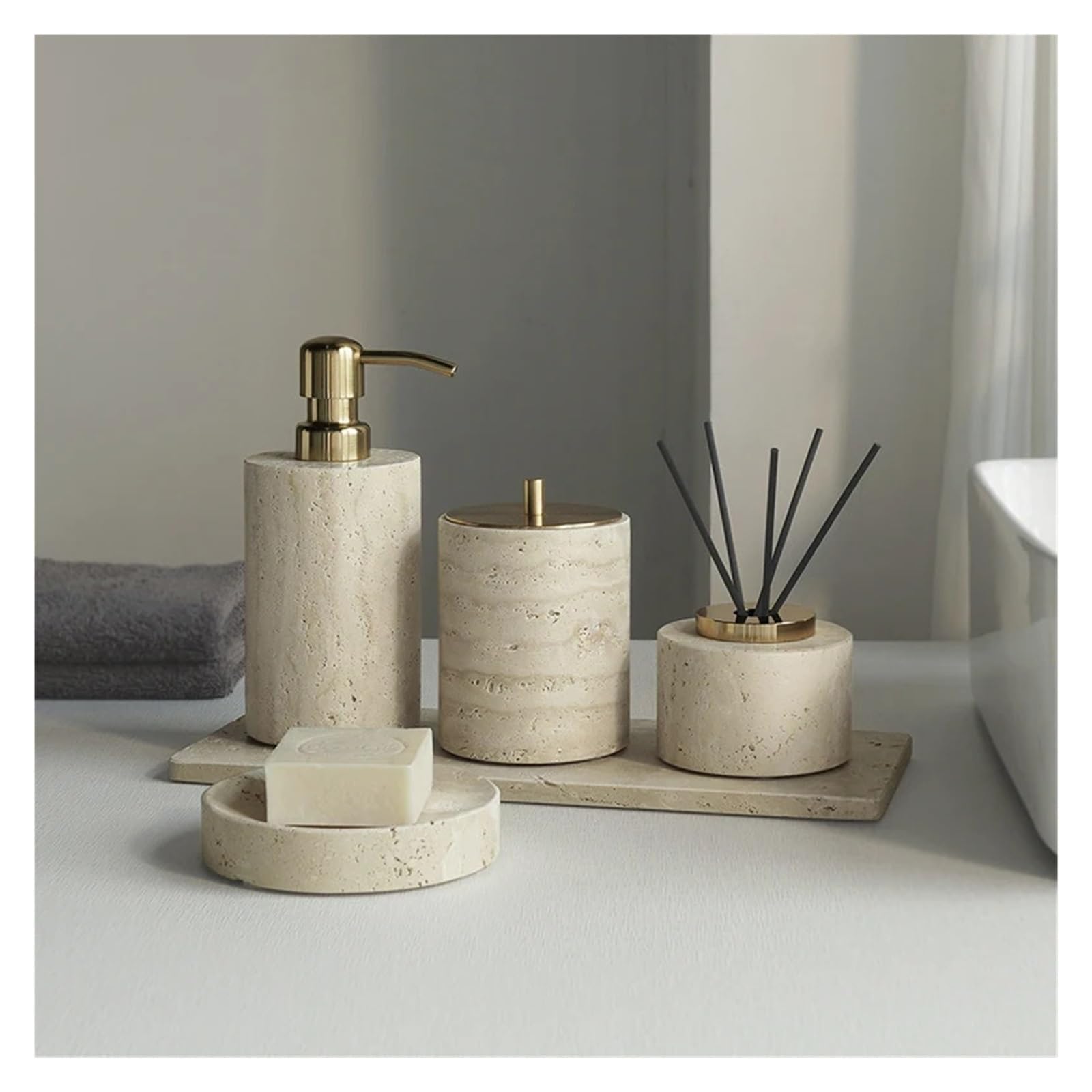 Badezimmer Set Badezimmerset aus Travertin | Luxuriöser Seifenspender, Taschentuchbox, Waschtisch-Tablett, Zubehör(Cup)