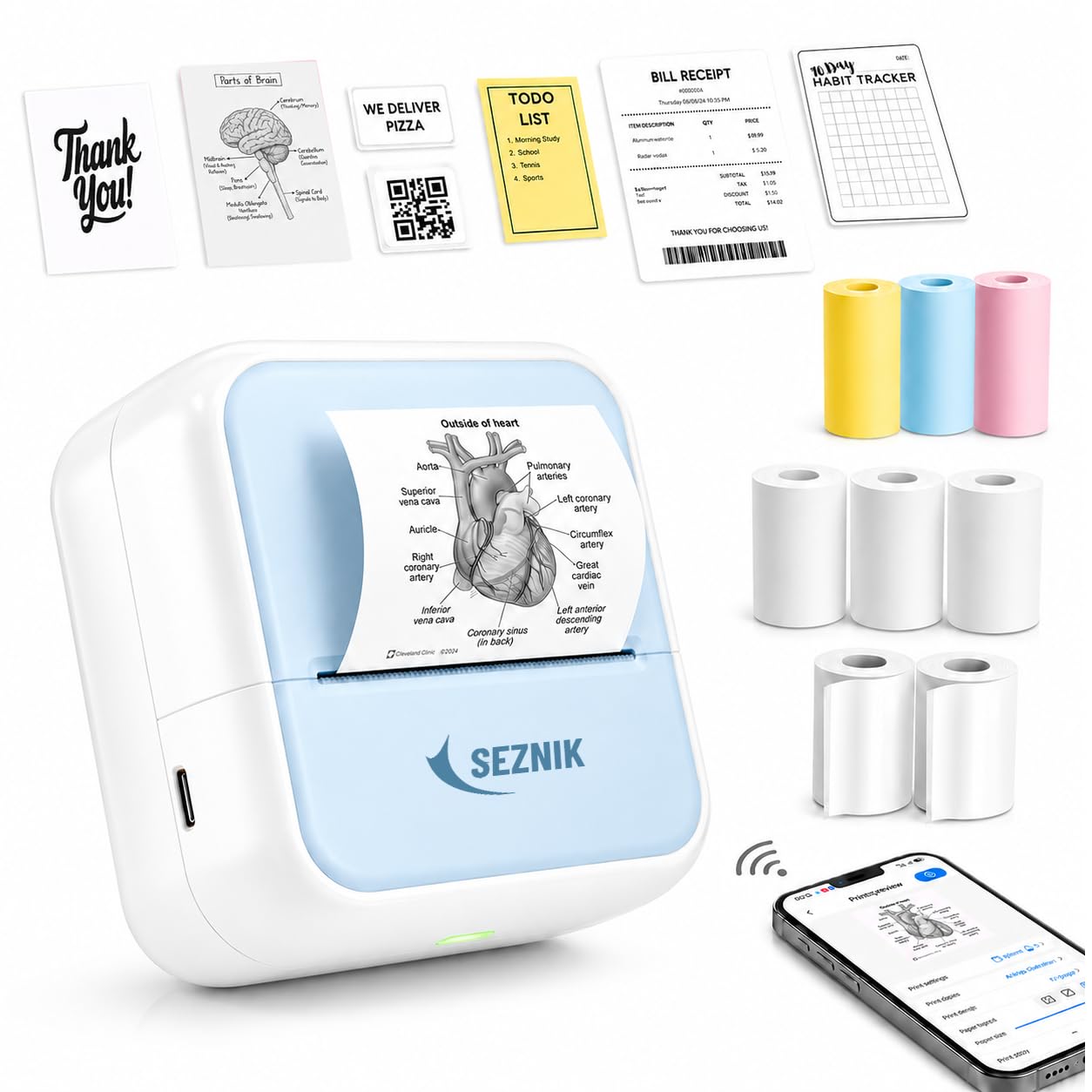 SEZNIK Mini Wireless Monochrome Home Inkjet Printers, Inkless, Bluetooth, Portable Pocket Printer, Compatible with Android, iOS Mobile. 1 Year Warranty (Minix-Blue)