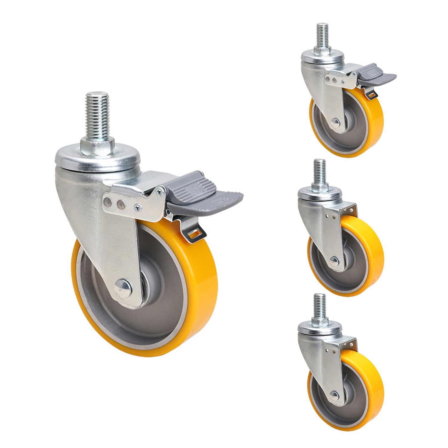4/5/6 Pollice per carichi Pesanti Girevole Ruota con Freno - M16x25mm Perno filettato Industriale PU Ruote Set da 4 (2 Girevole + 2 Frenante) Ruote di Ricambio per Mobili & Attrezzature