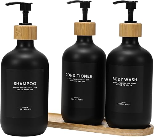 Dispensador de champú y acondicionador, 16.9 onzas, juego de 3 dispensadores de champú de ducha recargables de plástico con bandeja de bambú,