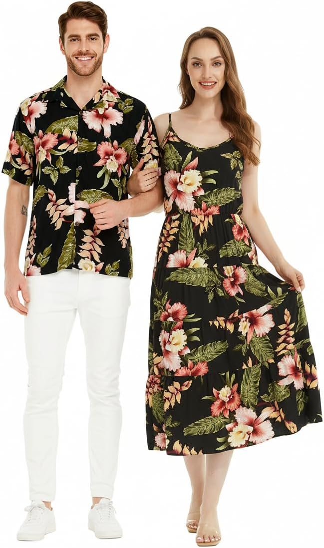 Matchable Couple Hawaiian Luau Shirt or Maxi Tiered Dress in Black Rafelsia