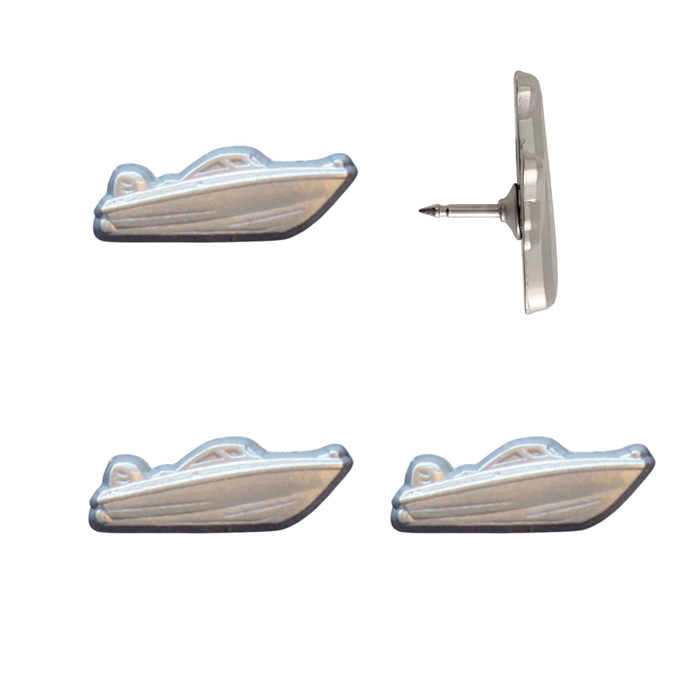 Motor Boat Push Pins - Silver Speedboat Map Pins for Cork Boards, Maps, or Lapel Use - Designed in USA - Set of 4