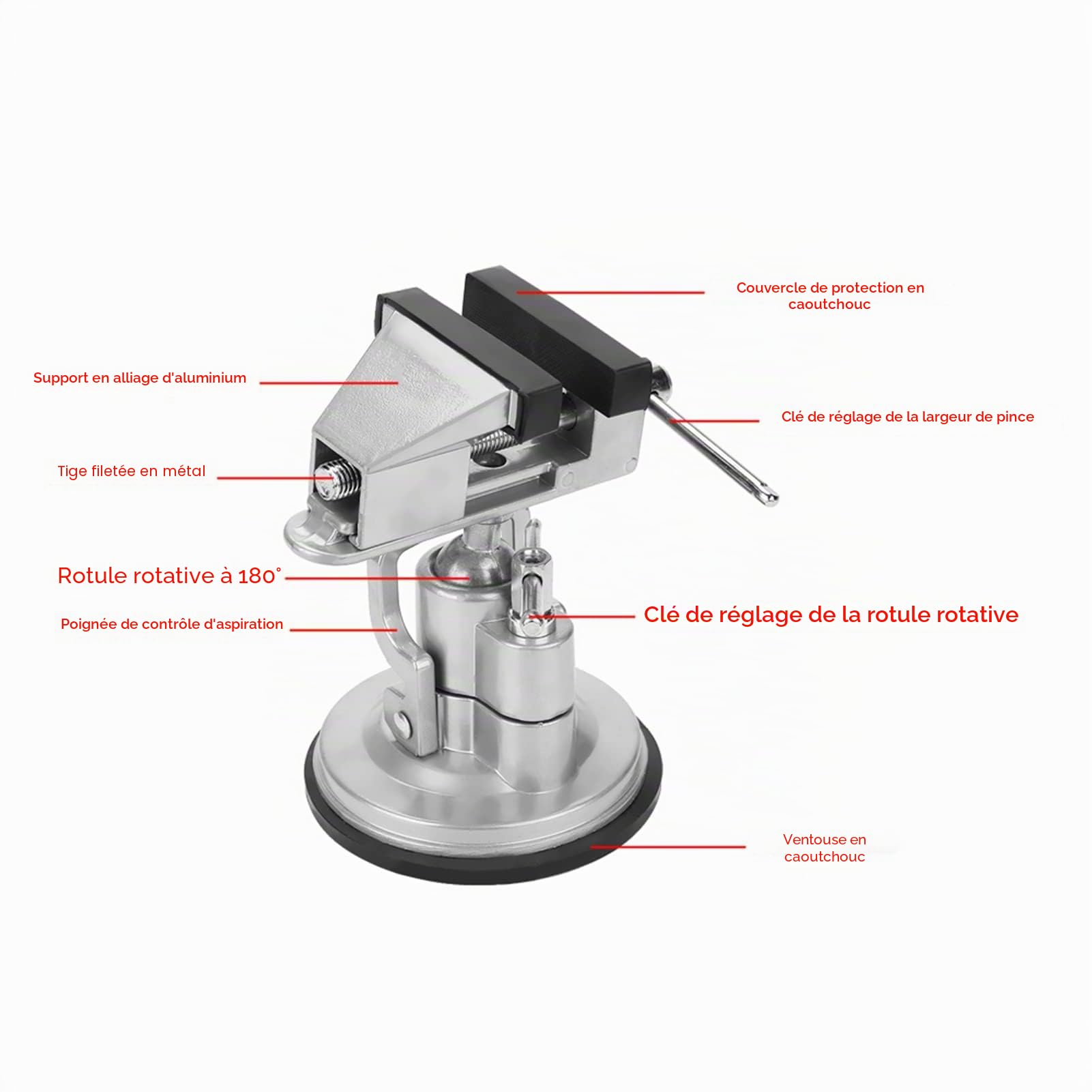 Cocoarm - Étau de table - Mini pince de table - Petit étau d'atelier - Ventouse - Rotatif à 360 ° - Pour établi, réparation, modélisation, soudure et bricolage - Argenté