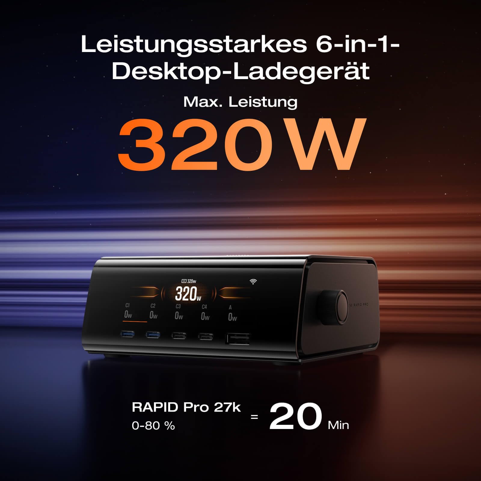 EF EcoFlow RAPID Pro Ladegerät 320W Max., 5 Anschüusse, GaN Ladestation für 6 Geräte, Pogo-Pin für EcoFlow RAPID Pro Powerbank, Desktop-Ladegerät kompatibel mit iPhone 16/15, Samsung, MacBook und mehr